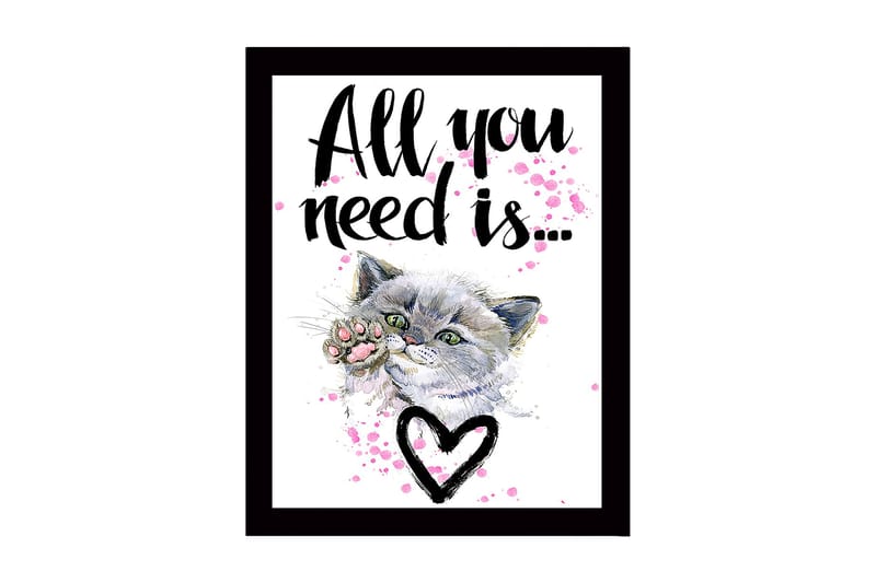 Inramad Canvastavla i trä - 41x56 cm - Katt med en tass som sträcker sig framåt - Grå / Rosa / Svart - Inredning & dekor - Tavlor & konst