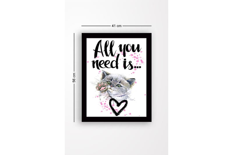 Inramad Canvastavla i trä - 41x56 cm - Katt med en tass som sträcker sig framåt - Grå / Rosa / Svart - Inredning & dekor - Tavlor & konst