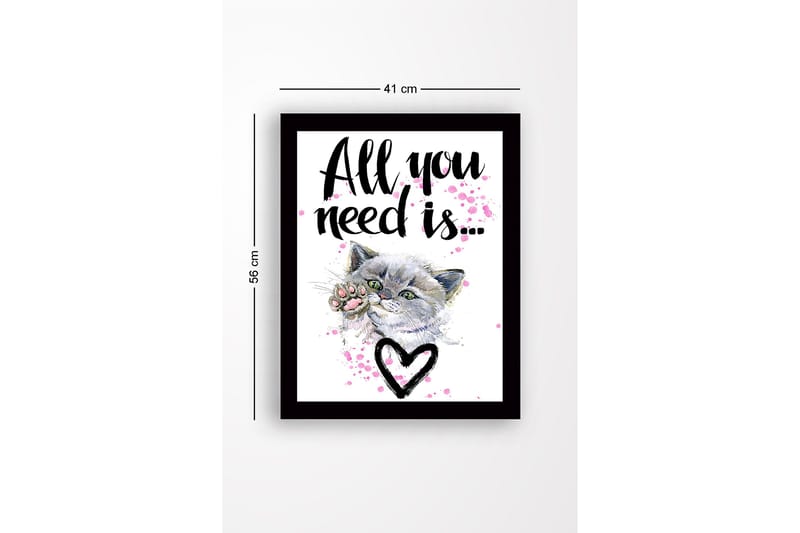 Inramad Canvastavla i trä - 41x56 cm - Katt med en tass som sträcker sig framåt - Grå / Rosa / Svart - Inredning & dekor - Tavlor & konst