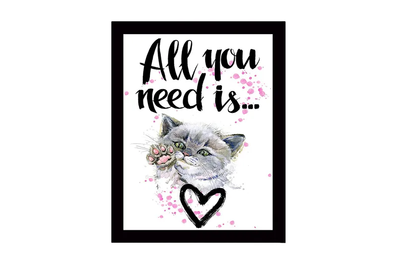 Inramad Canvastavla i trä - 41x56 cm - Katt med en tass som sträcker sig framåt - Grå / Rosa / Svart - Inredning & dekor - Tavlor & konst