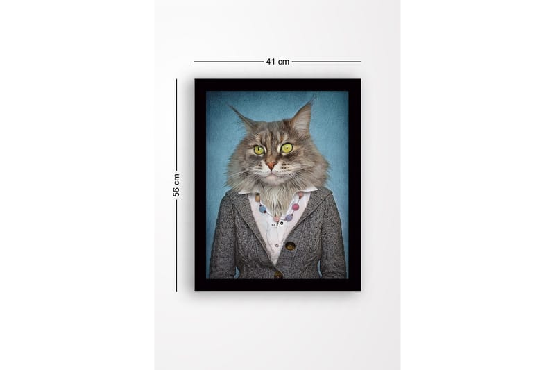 Inramad Canvastavla i trä - 41x56 cm - Katt med mänsklig klädsel och uttryckande ansiktsdrag - Grå / Blå / Gul - Inredning & dekor - Tavlor & konst