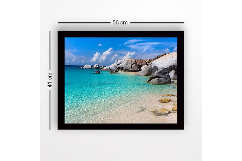 Inramad Canvastavla i trä - 41x56 cm - Klarblått hav med stora klippor och sandstrand - Turkos / Vit / Grå - Inredning & dekor - Tavlor & konst