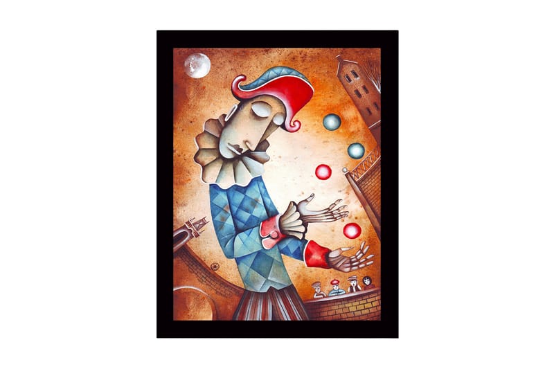Inramad Canvastavla i trä - 41x56 cm - Klown som jonglerar med färgglada bollar - Röd / Blå / Beige - Inredning & dekor - Tavlor & konst