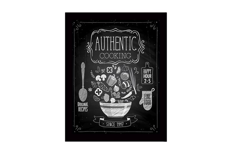 Inramad Canvastavla i trä - 41x56 cm - Köksskylt med en skål fylld av grönsaker och köksredskap, Vit / Svart