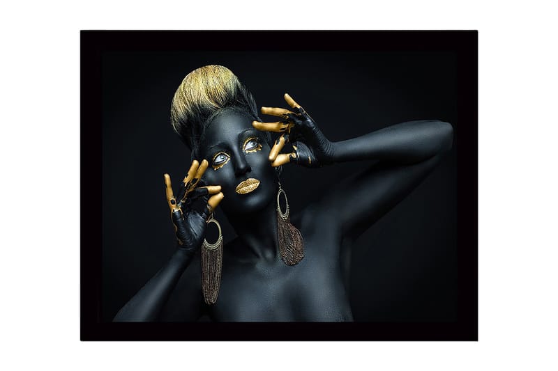 Inramad Canvastavla i trä - 41x56 cm - Konstverk med en kvinna i svart kroppsmålning och guldiga detaljer, Svart / Guld / Brun