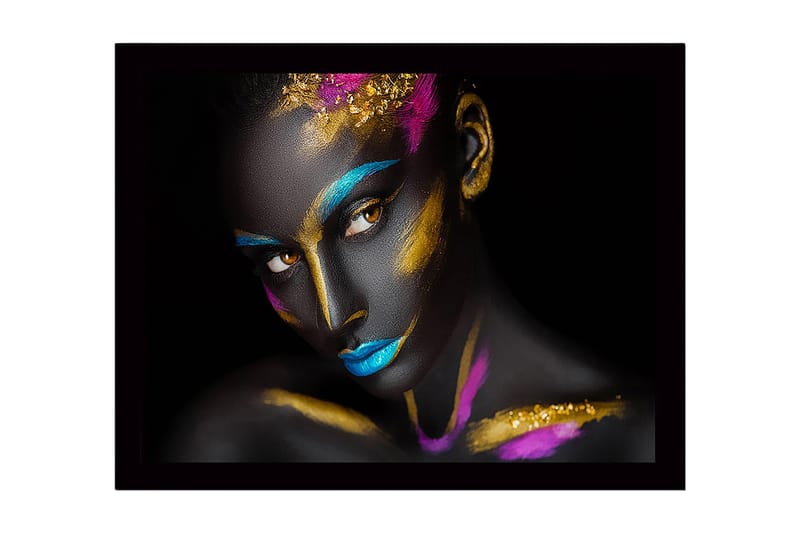 Inramad Canvastavla i trä - 41x56 cm - Konstverk med en kvinna med färgglad ansiktsmålning - Svart / Blå / Guld - Inredning & dekor - Tavlor & konst