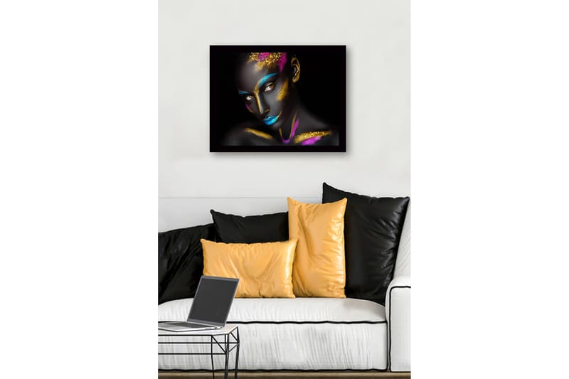 Inramad Canvastavla i trä - 41x56 cm - Konstverk med en kvinna med färgglad ansiktsmålning - Svart / Blå / Guld - Inredning & dekor - Tavlor & konst