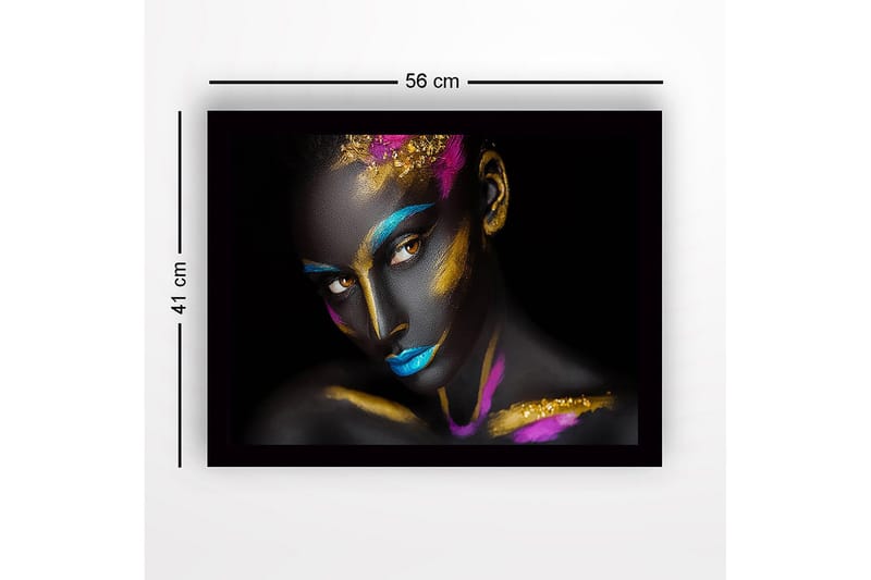 Inramad Canvastavla i trä - 41x56 cm - Konstverk med en kvinna med färgglad ansiktsmålning - Svart / Blå / Guld - Inredning & dekor - Tavlor & konst