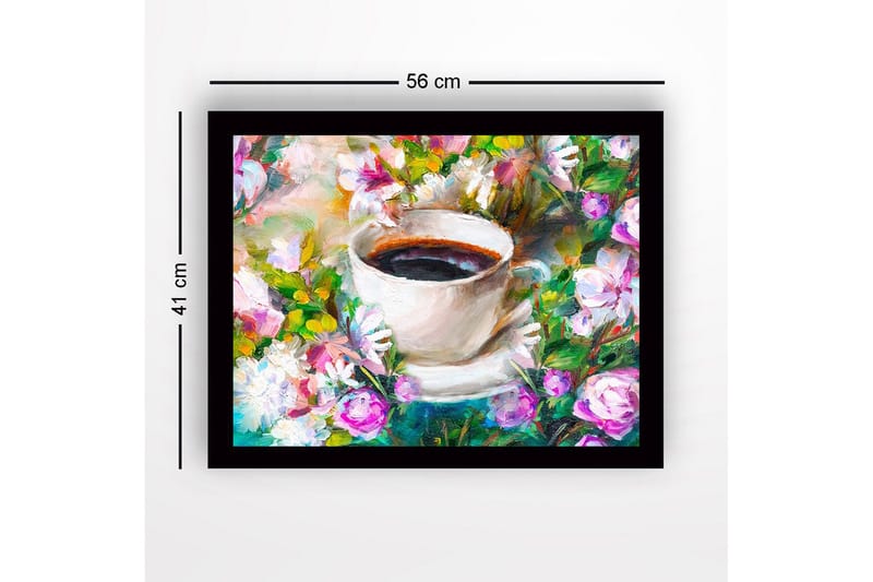 Inramad Canvastavla i trä - 41x56 cm - Kopp med kaffe omgiven av färgglada blommor - Lila / Grön / Vit - Inredning & dekor - Tavlor & konst