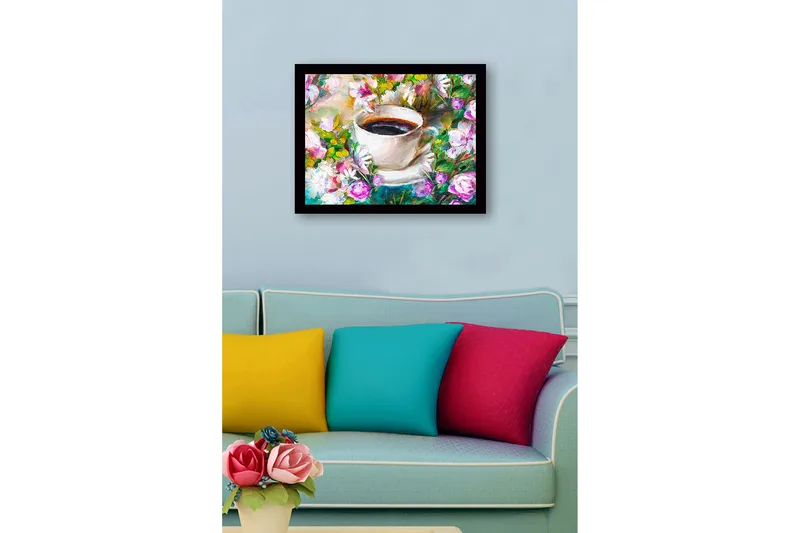 Inramad Canvastavla i trä - 41x56 cm - Kopp med kaffe omgiven av färgglada blommor - Lila / Grön / Vit - Inredning & dekor - Tavlor & konst