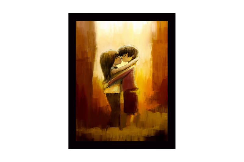 Inramad Canvastavla i trä - 41x56 cm - Kramande par i en romantisk omfamning, Guld / Brunt / Beige