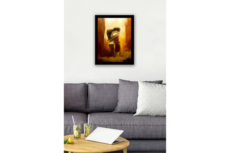Inramad Canvastavla i trä - 41x56 cm - Kramande par i en romantisk omfamning - Guld / Brunt / Beige - Inredning & dekor - Tavlor & konst