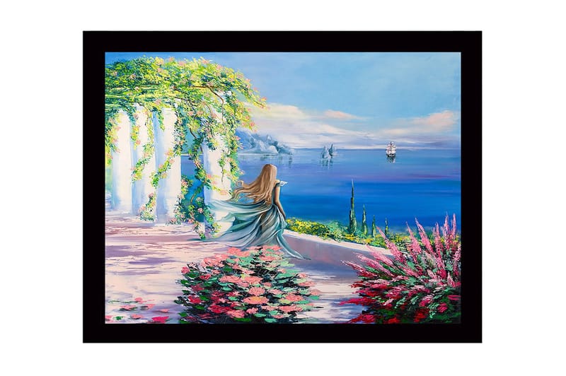 Inramad Canvastavla i trä - 41x56 cm - Kvinna i blå klänning som blickar ut över havet med blommor i förgrunden - Blå / Grön / Rosa - Inredning & dekor - Tavlor & konst