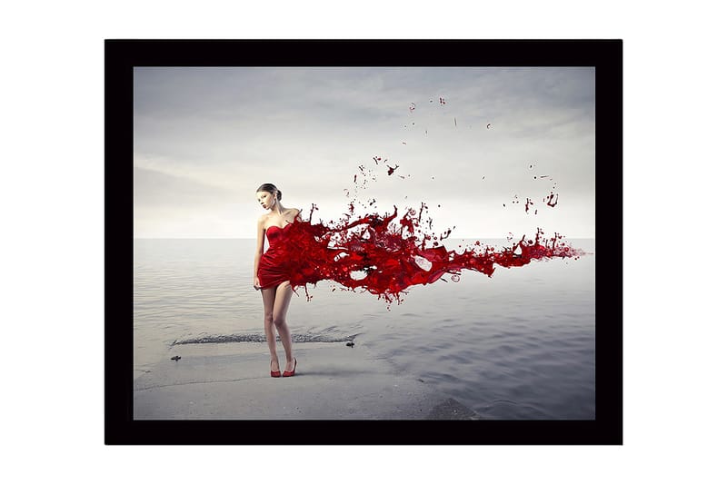 Inramad Canvastavla i trä - 41x56 cm - Kvinna i röd klänning med flödande röda färgpartiklar, Röd / Grå