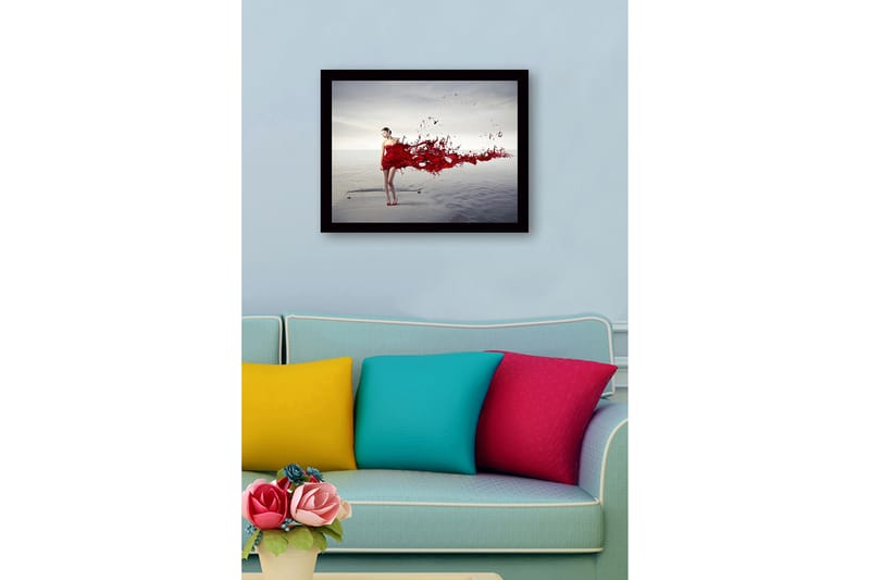 Inramad Canvastavla i trä - 41x56 cm - Kvinna i röd klänning med flödande röda färgpartiklar - Röd / Grå - Inredning & dekor - Tavlor & konst