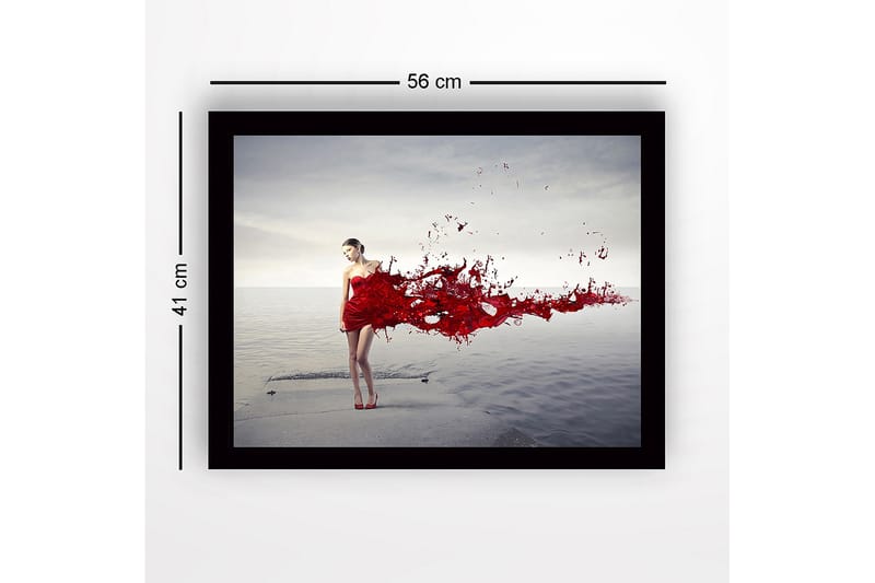 Inramad Canvastavla i trä - 41x56 cm - Kvinna i röd klänning med flödande röda färgpartiklar - Röd / Grå - Inredning & dekor - Tavlor & konst