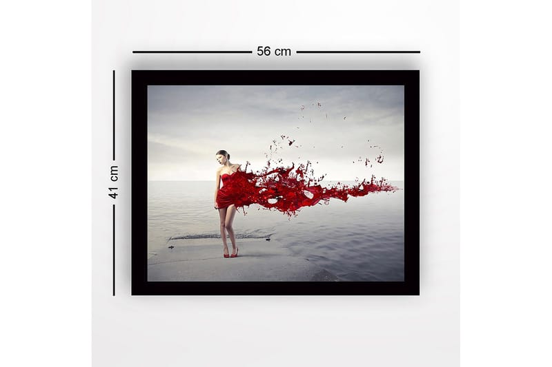 Inramad Canvastavla i trä - 41x56 cm - Kvinna i röd klänning med flödande röda färgpartiklar - Röd / Grå - Inredning & dekor - Tavlor & konst