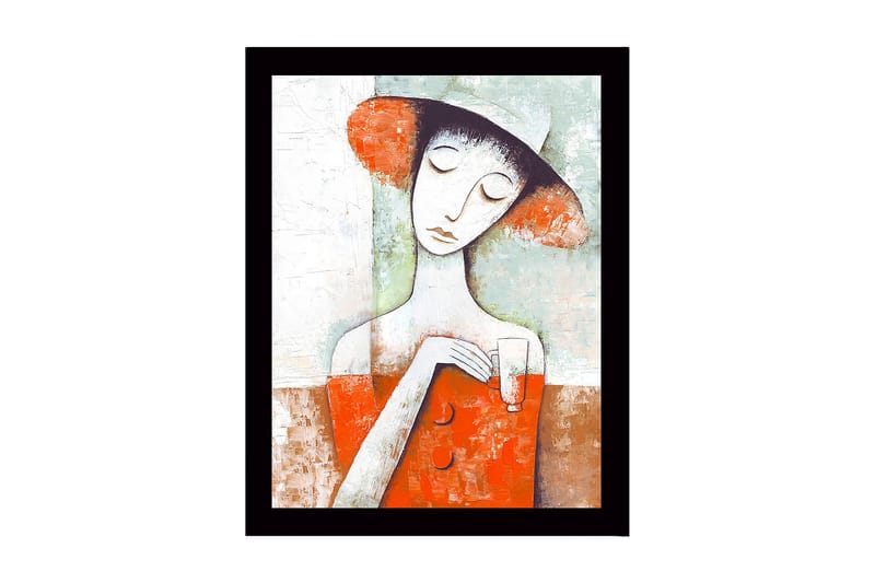 Inramad Canvastavla i trä - 41x56 cm - Kvinna med hatt som håller ett glas i en färgglad komposition - Röd / Vit / Grön - Inredning & dekor - Tavlor & konst