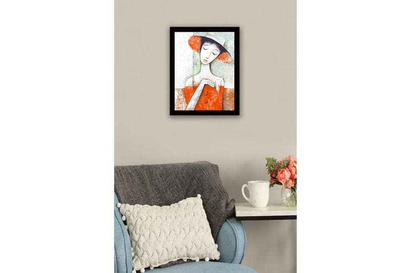 Inramad Canvastavla i trä - 41x56 cm - Kvinna med hatt som håller ett glas i en färgglad komposition - Röd / Vit / Grön - Inredning & dekor - Tavlor & konst