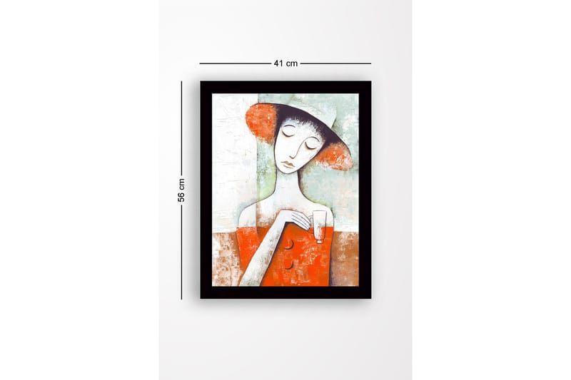 Inramad Canvastavla i trä - 41x56 cm - Kvinna med hatt som håller ett glas i en färgglad komposition - Röd / Vit / Grön - Inredning & dekor - Tavlor & konst