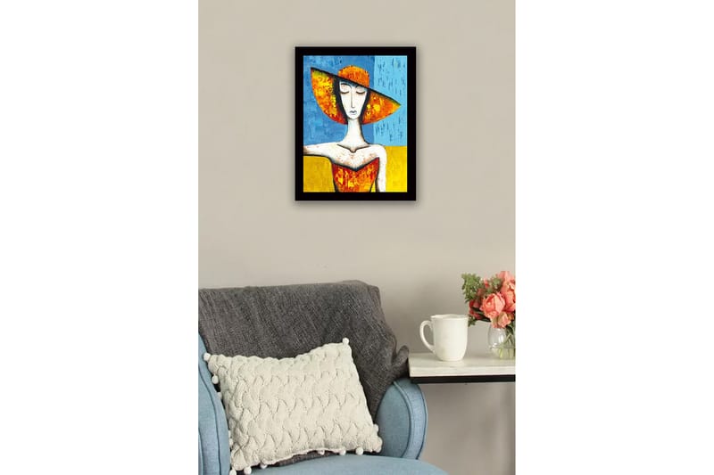 Inramad Canvastavla i trä - 41x56 cm - Kvinna med stor hatt i starka färger - Orange / Blå / Gul - Inredning & dekor - Tavlor & konst