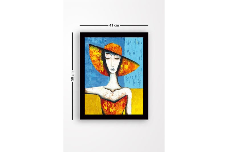 Inramad Canvastavla i trä - 41x56 cm - Kvinna med stor hatt i starka färger - Orange / Blå / Gul - Inredning & dekor - Tavlor & konst