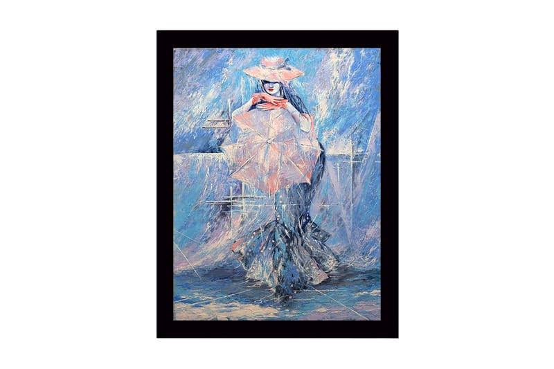 Inramad Canvastavla i trä - 41x56 cm - Kvinna med parasoll i en drömlik, blå miljö - Blå / Rosa / Vit - Inredning & dekor - Tavlor & konst