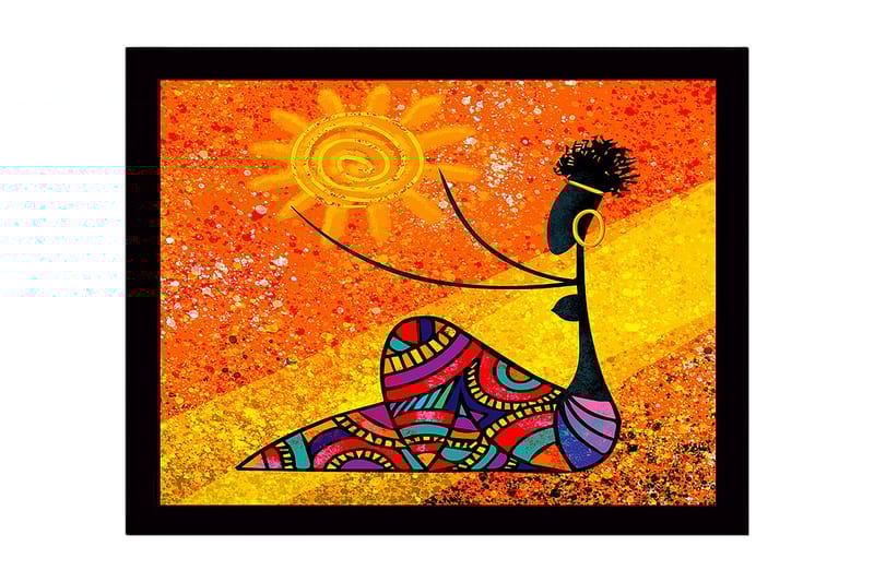 Inramad Canvastavla i trä - 41x56 cm - Kvinna som håller en sol med färgglada mönster - Orange / Svart / Gul - Inredning & dekor - Tavlor & konst