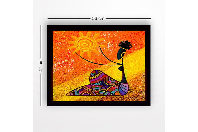 Inramad Canvastavla i trä - 41x56 cm - Kvinna som håller en sol med färgglada mönster - Orange / Svart / Gul - Inredning & dekor - Tavlor & konst