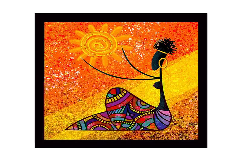 Inramad Canvastavla i trä - 41x56 cm - Kvinna som håller en sol med färgglada mönster - Orange / Svart / Gul - Inredning & dekor - Tavlor & konst