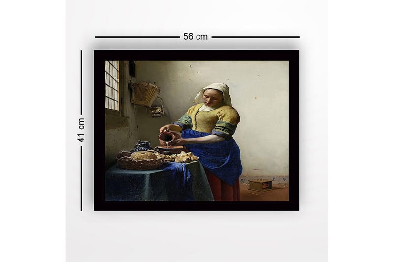 Inramad Canvastavla i trä - 41x56 cm - Kvinna som häller mjölk i en skål vid ett bord med bröd och keramik - Blå / Gul / Brun - Inredning & dekor - Tavlor & konst