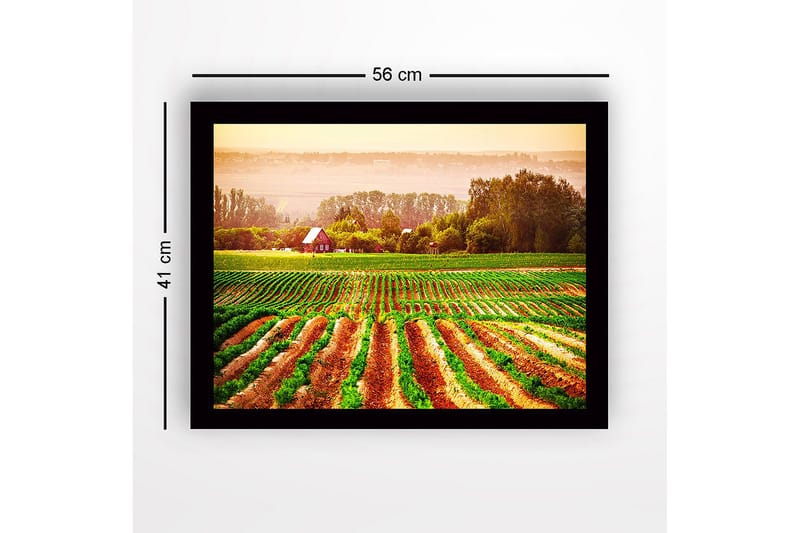 Inramad Canvastavla i trä - 41x56 cm - Lantlig scen med ett rött hus omgiven av gröna fält och plöjda åkrar - Grön / Orange / Röd - Inredning & dekor - Tavlor & konst