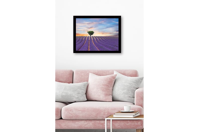Inramad Canvastavla i trä - 41x56 cm - Lavendelfält med en ensam trädkrona i horisonten - Lila / Grön / Beige - Inredning & dekor - Tavlor & konst
