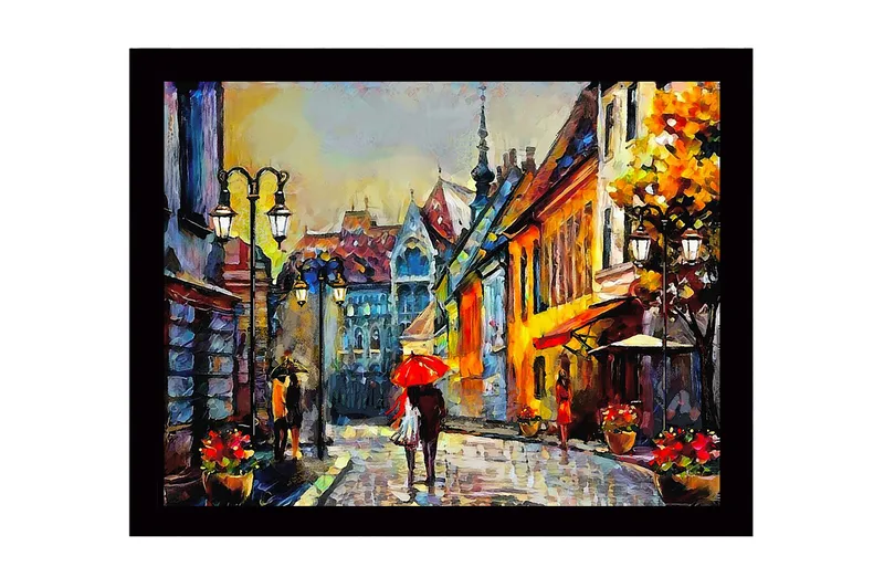 Inramad Canvastavla i trä - 41x56 cm - Livlig gata med människor och paraplyer i en stadsmiljö, Gult / Rött / Blått