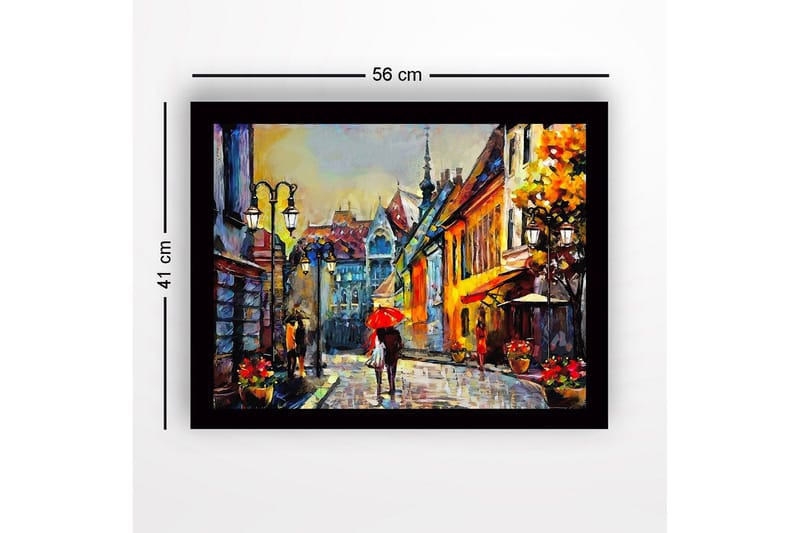 Inramad Canvastavla i trä - 41x56 cm - Livlig gata med människor och paraplyer i en stadsmiljö - Gult / Rött / Blått - Inredning & dekor - Tavlor & konst