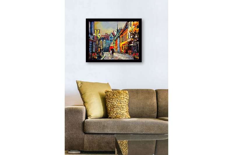 Inramad Canvastavla i trä - 41x56 cm - Livlig gata med människor och paraplyer i en stadsmiljö - Gult / Rött / Blått - Inredning & dekor - Tavlor & konst