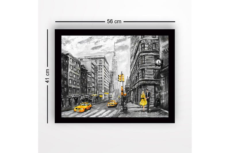 Inramad Canvastavla i trä - 41x56 cm - Livlig stadsbild med en kvinna i gul klänning och gula taxibilar - Gul / Svart / Grå - Inredning & dekor - Tavlor & konst