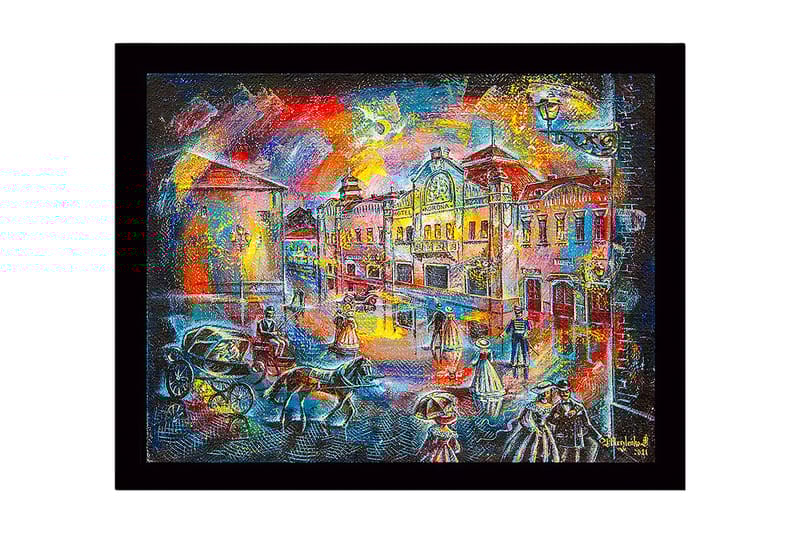 Inramad Canvastavla i trä - 41x56 cm - Livlig stadsbild med människor i historiska kläder och hästdragna vagnar, Blå / Röd / Gul