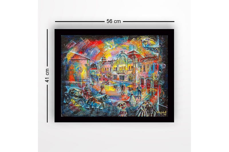 Inramad Canvastavla i trä - 41x56 cm - Livlig stadsbild med människor i historiska kläder och hästdragna vagnar - Blå / Röd / Gul - Inredning & dekor - Tavlor & konst