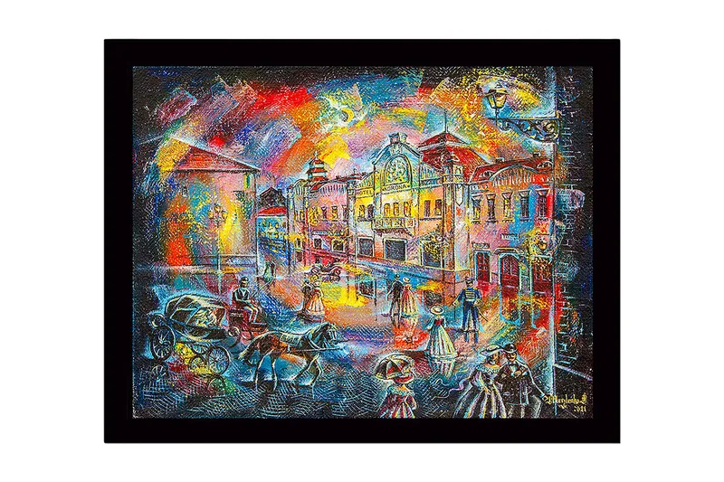 Inramad Canvastavla i trä - 41x56 cm - Livlig stadsbild med människor i historiska kläder och hästdragna vagnar, Blå / Röd / Gul