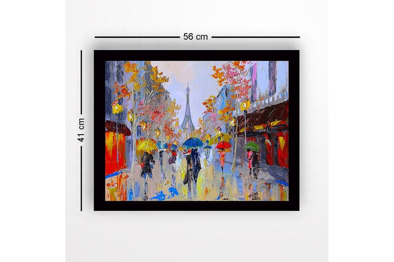 Inramad Canvastavla i trä - 41x56 cm - Livlig stadsbild med människor som bär paraplyer i regnet - Gult / Blått / Rött - Inredning & dekor - Tavlor & konst