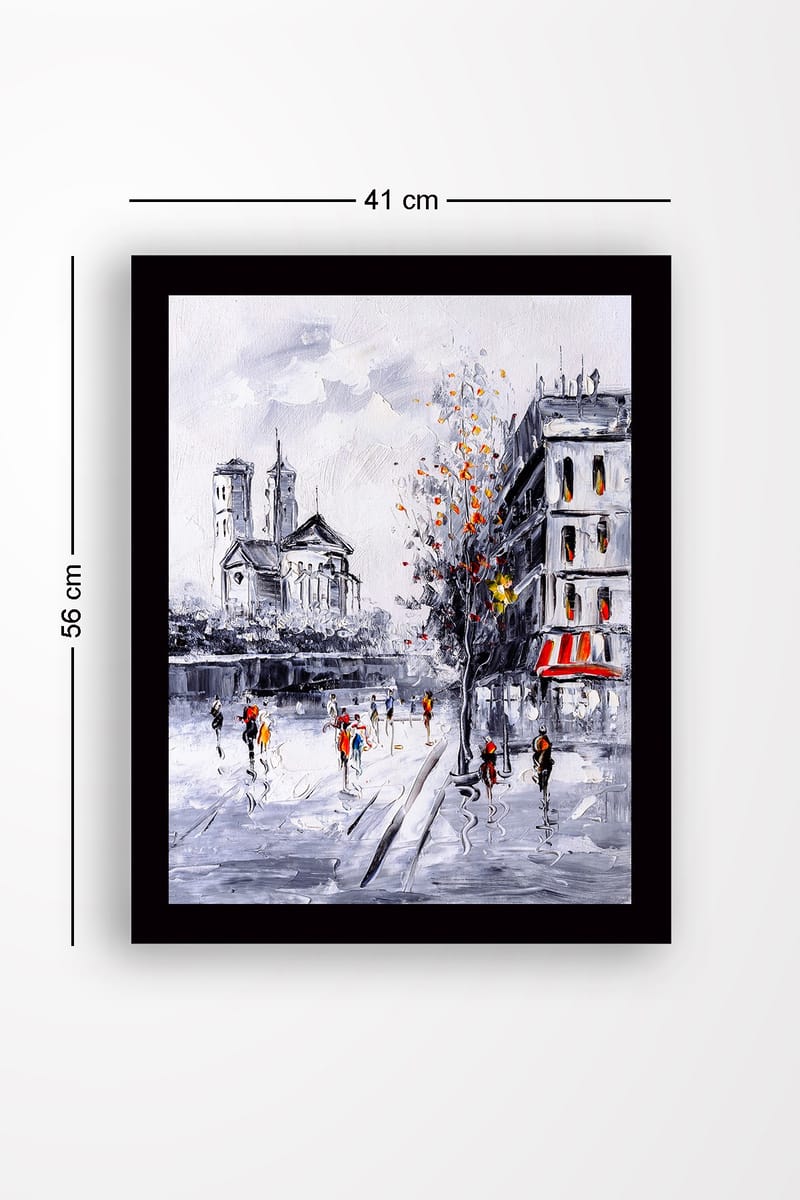 Inramad Canvastavla i trä - 41x56 cm - Livlig stadsbild med människor som promenerar i en höstlig miljö - Grå / Orange / Röd - Inredning & dekor - Tavlor & konst