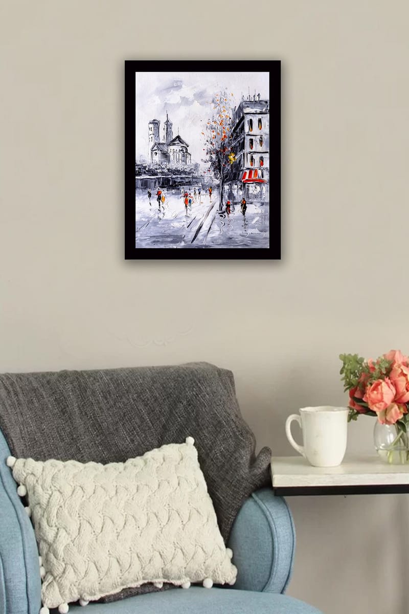 Inramad Canvastavla i trä - 41x56 cm - Livlig stadsbild med människor som promenerar i en höstlig miljö - Grå / Orange / Röd - Inredning & dekor - Tavlor & konst