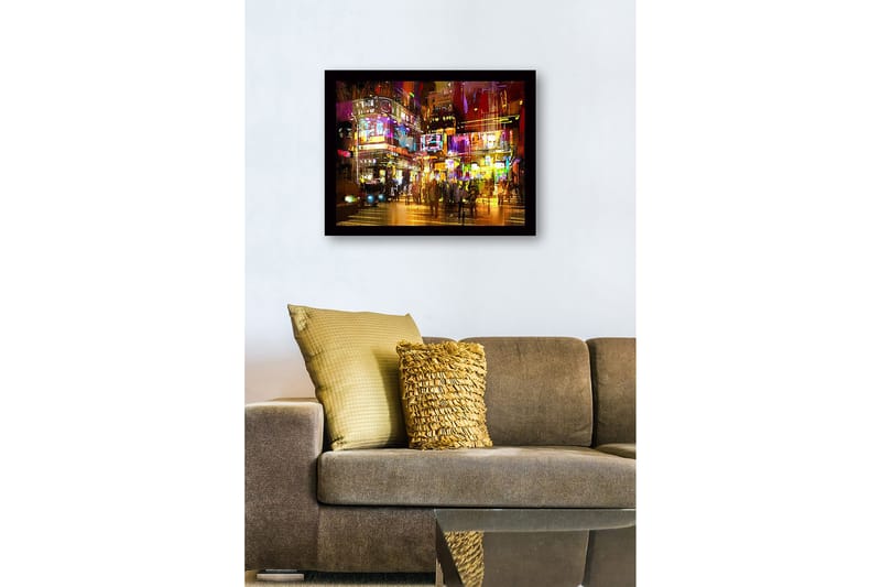 Inramad Canvastavla i trä - 41x56 cm - Livlig stadsscen med neonljus och människor i rörelse - Lila / Gult / Orange - Inredning & dekor - Tavlor & konst