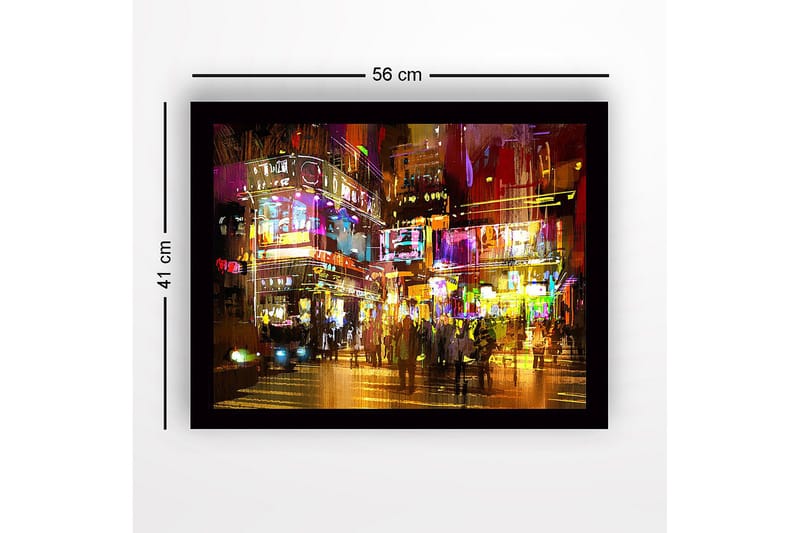 Inramad Canvastavla i trä - 41x56 cm - Livlig stadsscen med neonljus och människor i rörelse - Lila / Gult / Orange - Inredning & dekor - Tavlor & konst