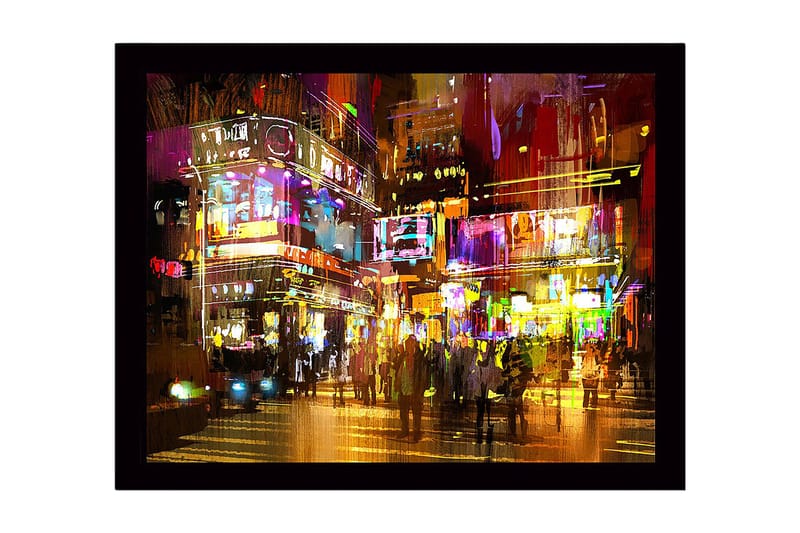 Inramad Canvastavla i trä - 41x56 cm - Livlig stadsscen med neonljus och människor i rörelse - Lila / Gult / Orange - Inredning & dekor - Tavlor & konst
