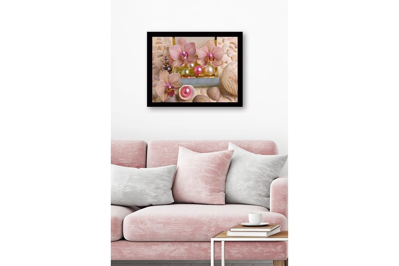 Inramad Canvastavla i trä - 41x56 cm - Ljuvliga orkidéer omgivna av pärlor och snäckor - Ljusrosa / Grön / Pärlvit - Inredning & dekor - Tavlor & konst