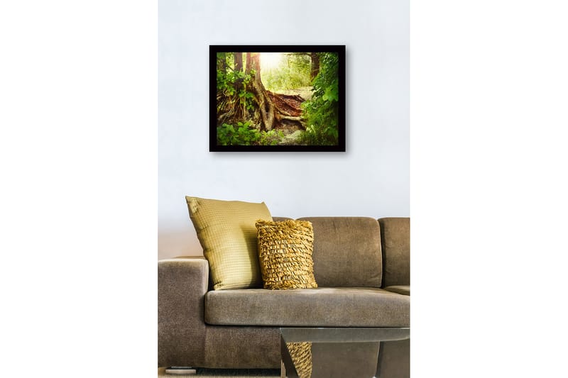 Inramad Canvastavla i trä - 41x56 cm - Lummig skog med en stor trädrot och solstrålar som sipprar genom lövverket - Grön / Brun / Gul - Inredning & dekor - Tavlor & konst