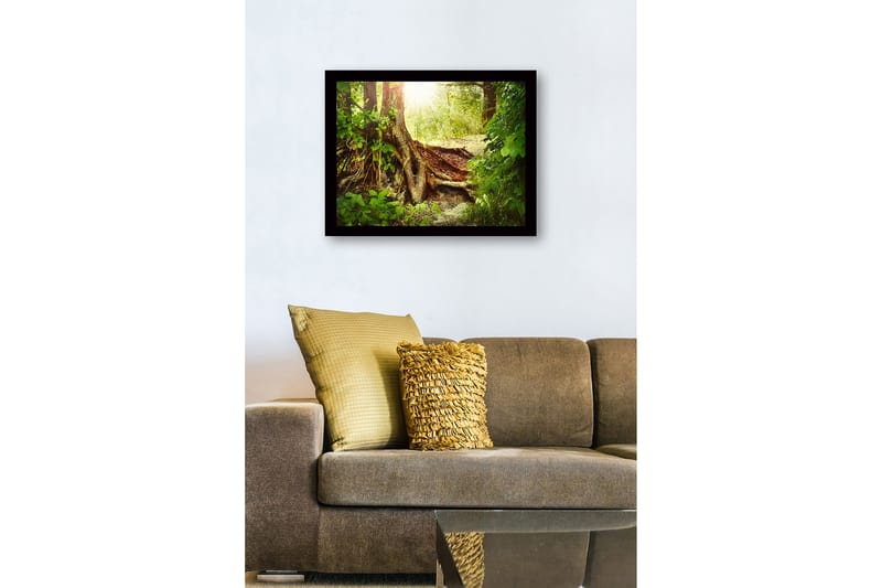 Inramad Canvastavla i trä - 41x56 cm - Lummig skog med en stor trädrot och solstrålar som sipprar genom lövverket - Grön / Brun / Gul - Inredning & dekor - Tavlor & konst