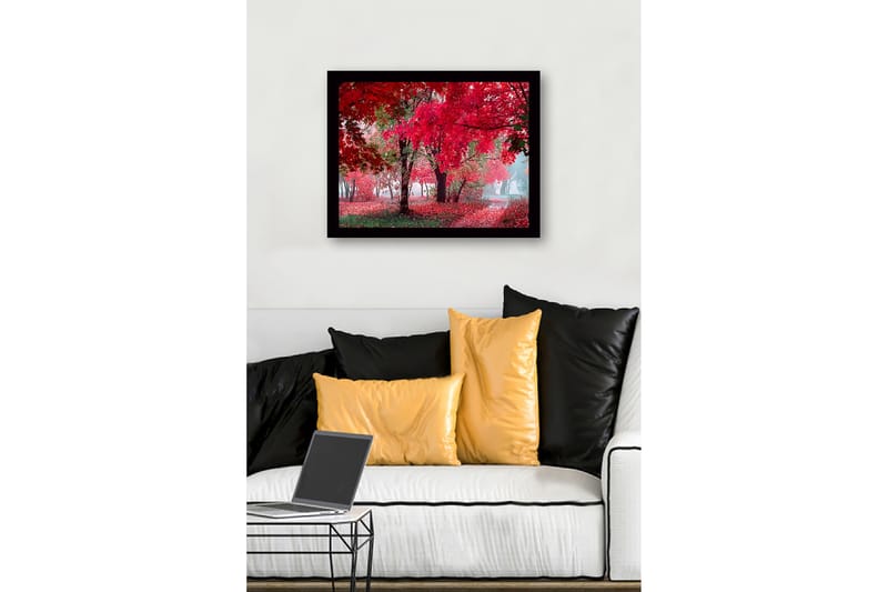 Inramad Canvastavla i trä - 41x56 cm - Lummig skog med sprakande röda höstlöv - Röd / Grön - Inredning & dekor - Tavlor & konst